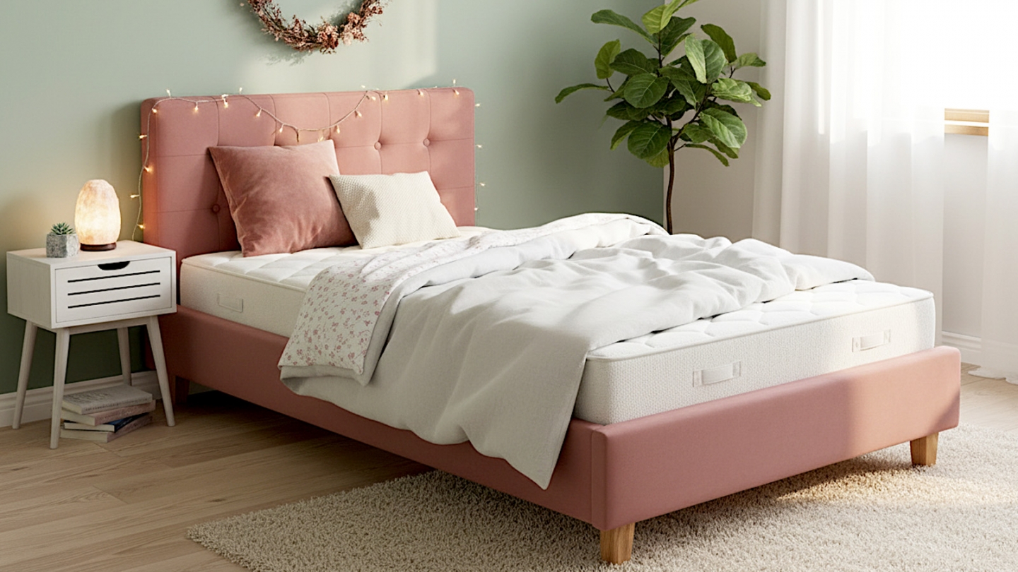 Lit adulte 90x190 cm avec tête de lit capitonnée en velours vieux rose - Milo Lit adulte 90x190 cm avec tête de lit capitonnée en velours vieux rose - Milo