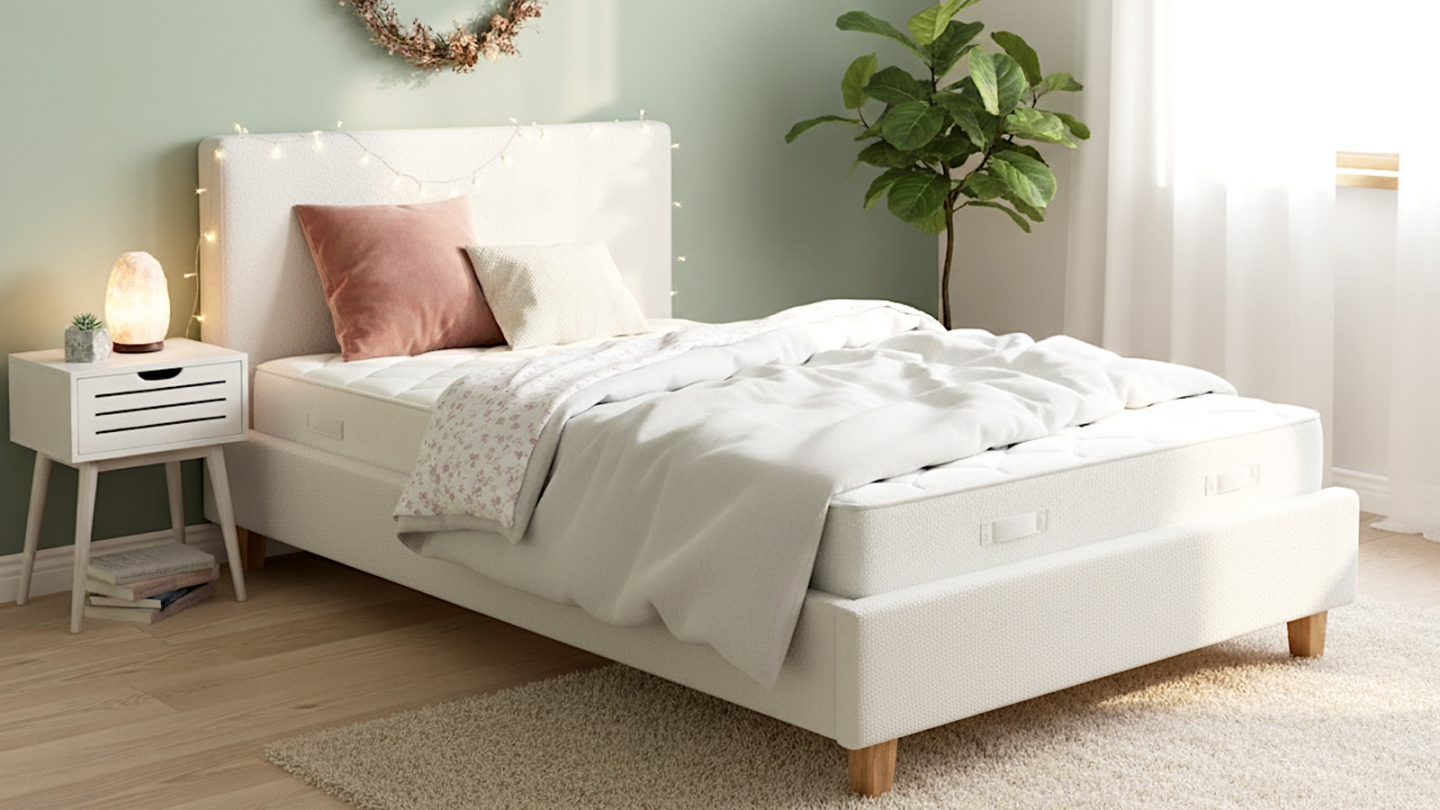 Lit adulte 90x190 cm avec tête de lit capitonnée en tissu bouclé beige - Milo Lit adulte 90x190 cm avec tête de lit capitonnée en tissu bouclé beige - Milo