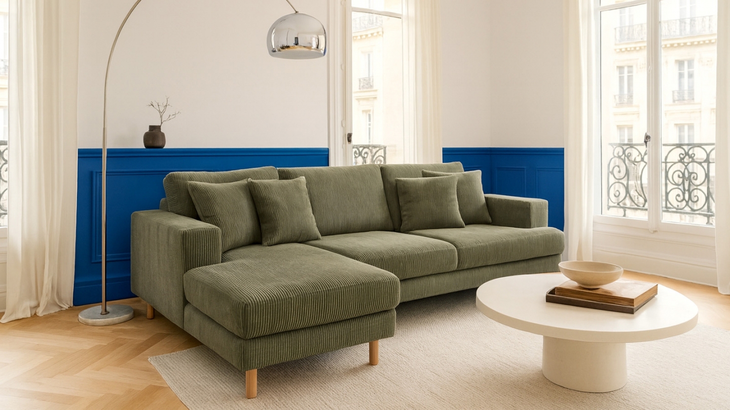 Canapé d'angle à gauche convertible 4 places en velours côtelé vert kaki - Marceau Canapé d'angle à gauche convertible 4 places en velours côtelé vert kaki - Marceau