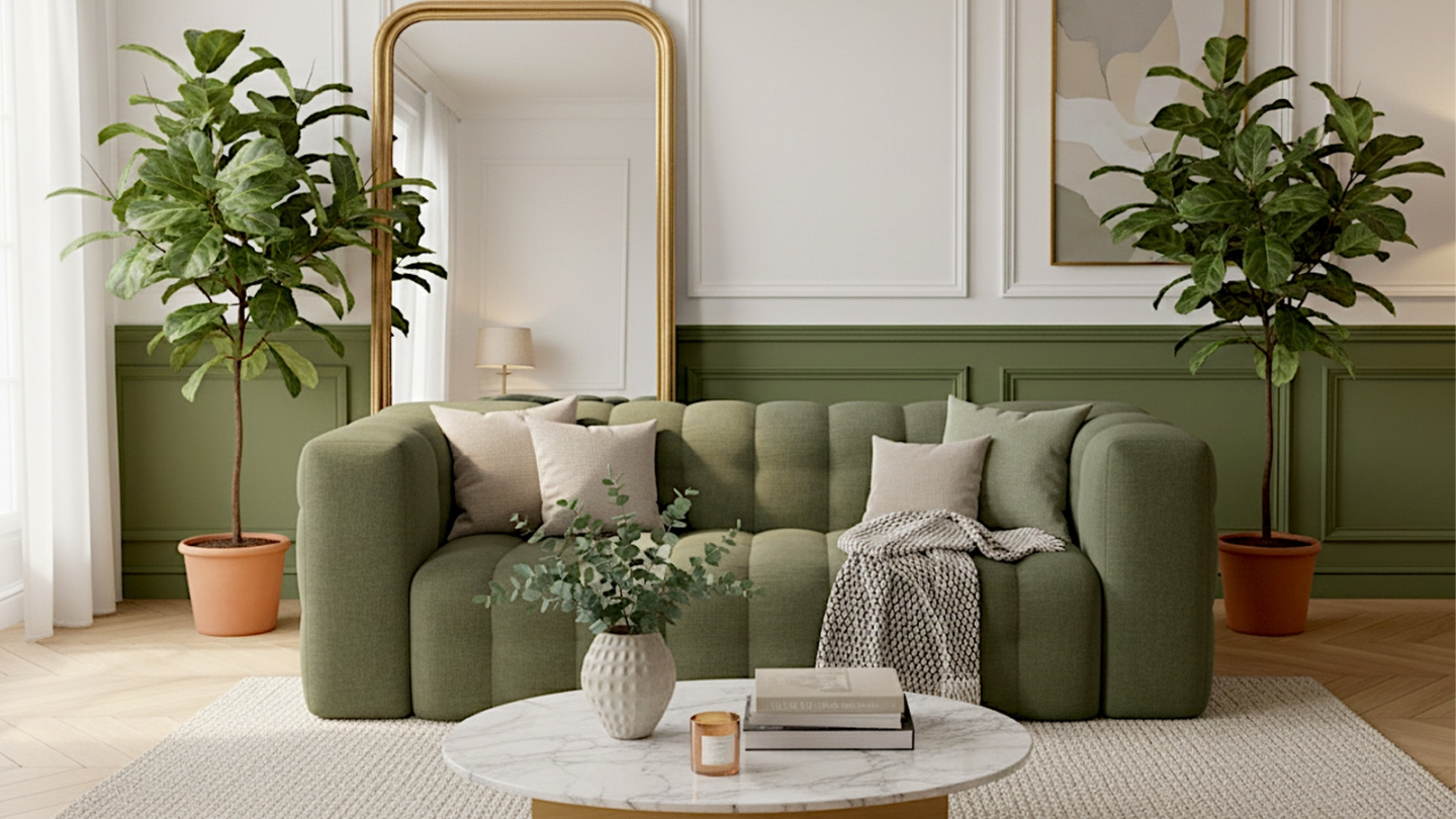 Canapé 3 places en tissu chenille vert olive - Cester Canapé 3 places en tissu chenille vert olive - Cester