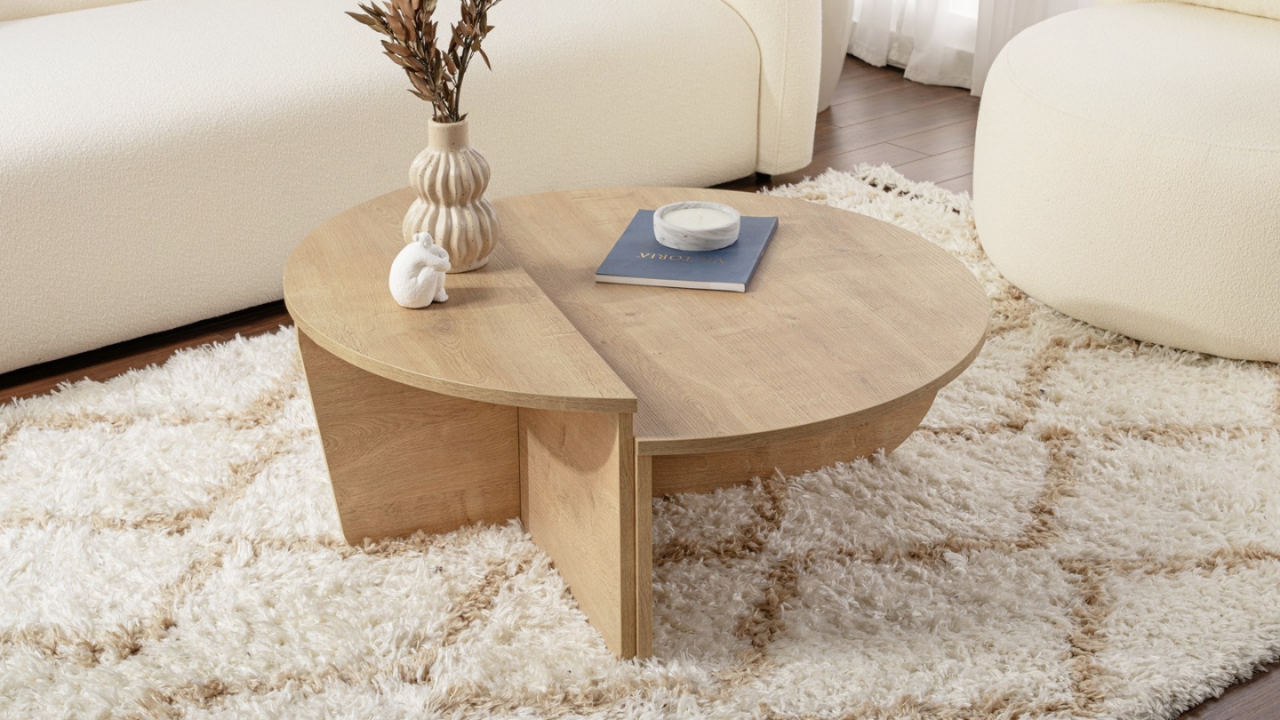 Table basse modulable ronde effet Chêne Ø90 cm - Selma Table basse modulable ronde effet Chêne Ø90 cm - Selma