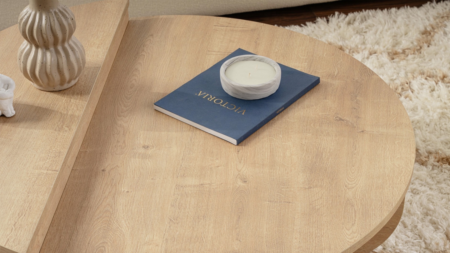 Table basse modulable ronde effet Chêne Ø90 cm - Selma Table basse modulable ronde effet Chêne Ø90 cm - Selma