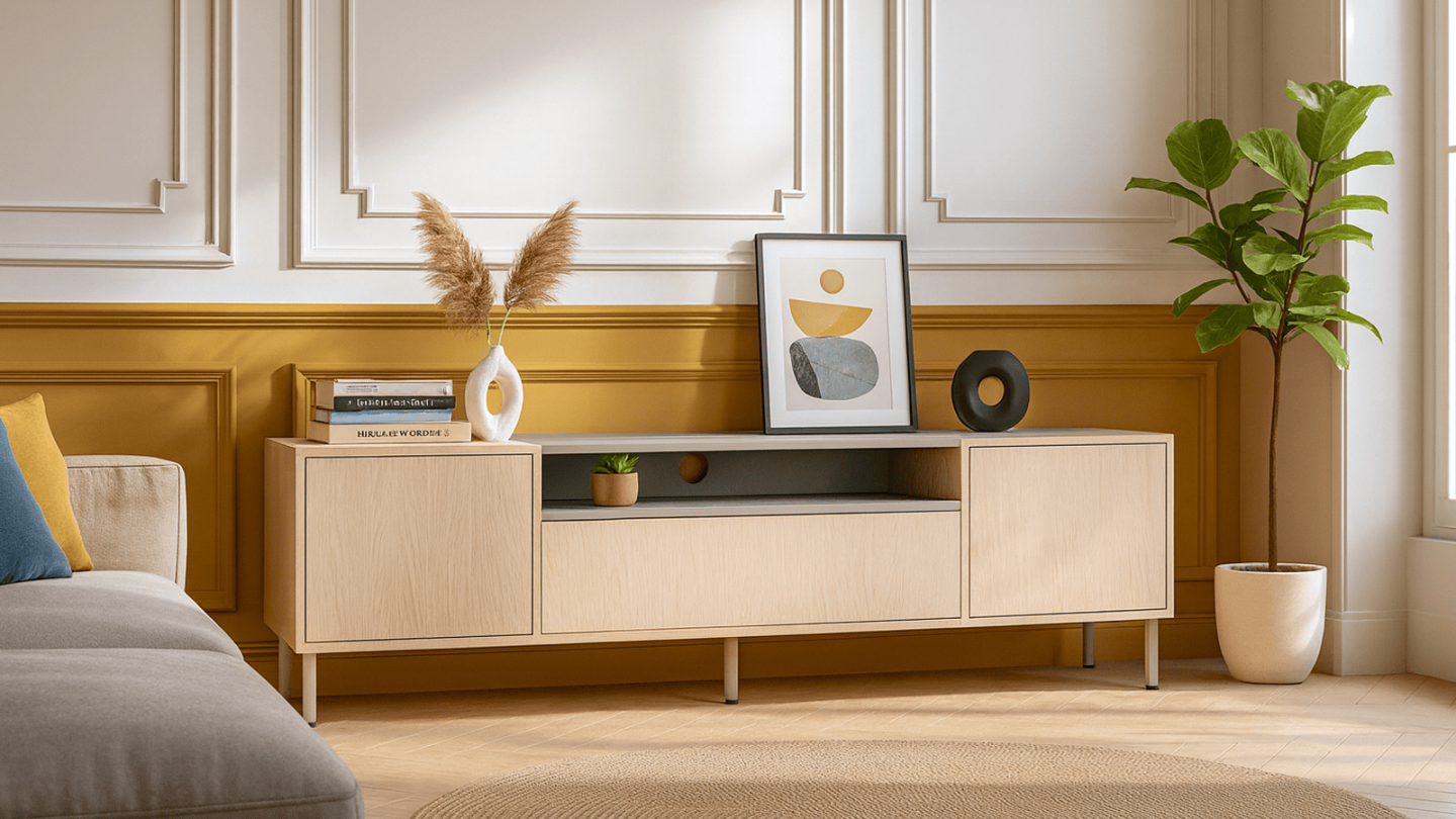 Meuble TV 3 portes chêne clair et vert 180 cm - Amos Meuble TV 3 portes chêne clair et vert 180 cm - Amos