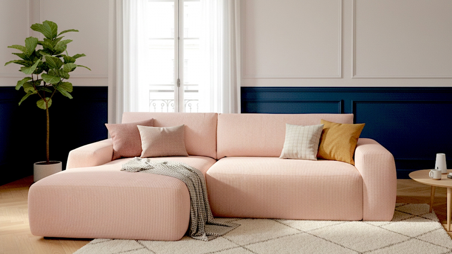 Canapé d'angle gauche convertible 3 places en velours côtelé rose pâle - Sonny