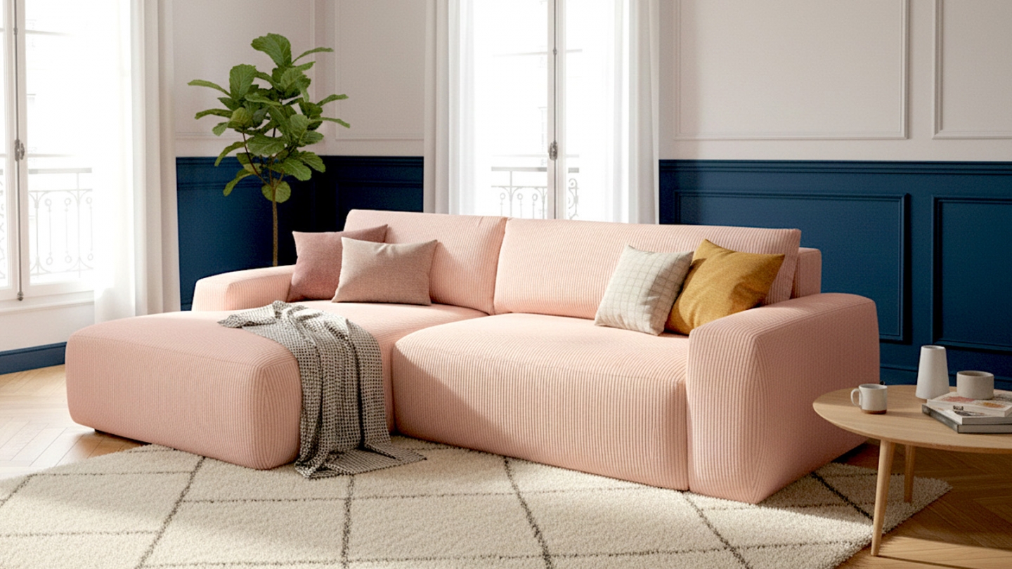Canapé d'angle gauche convertible 3 places en velours côtelé rose pâle - Sonny
