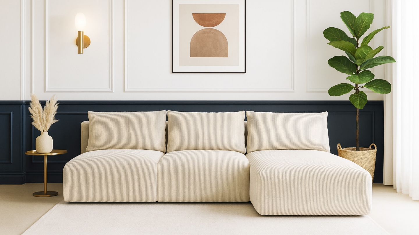 Canapé d'angle à droite convertible 4 places avec coffre de rangement en velours côtelé beige - Jasper Canapé d'angle à droite convertible 4 places avec coffre de rangement en velours côtelé beige - Jasper