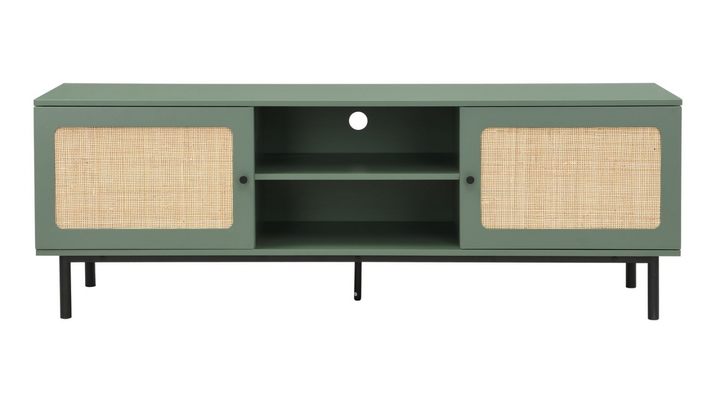 Meuble TV 2 portes bicolore vert / cannage L160xP40HH55 cm - Luma