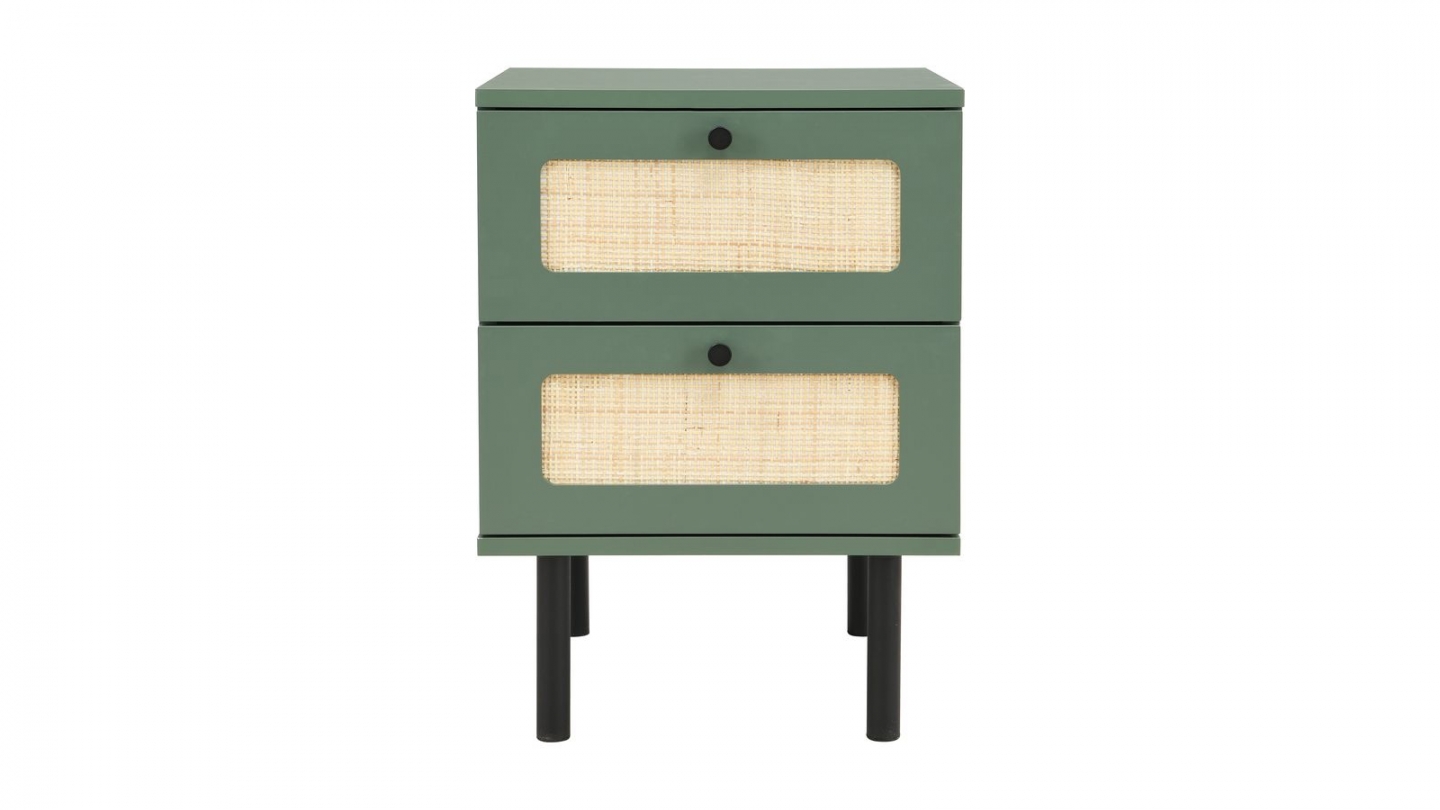 Table de chevet 2 tiroirs bicolore vert / cannage L40xP40xH55 cm - Luma