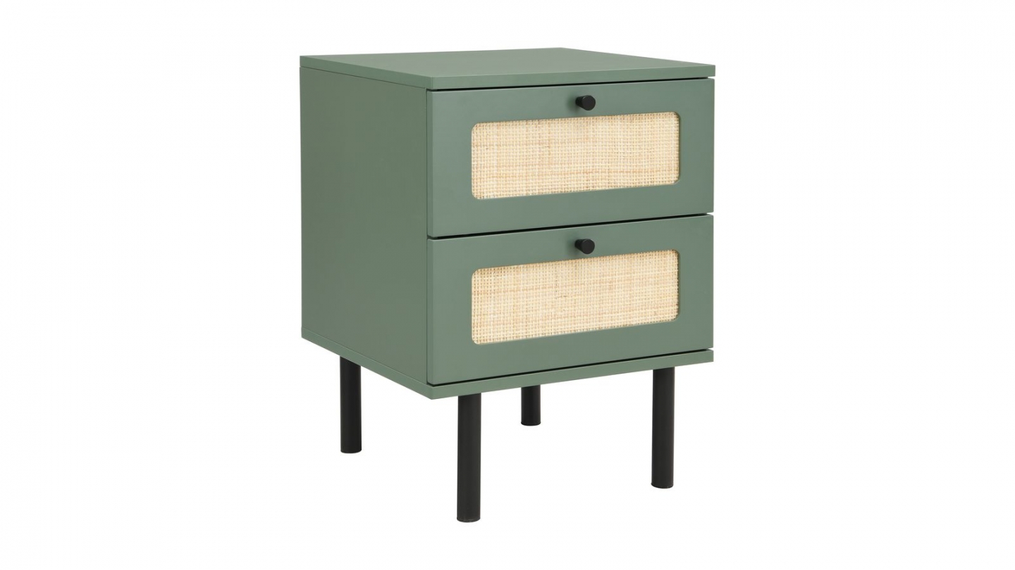 Table de chevet 2 tiroirs bicolore vert / cannage L40xP40xH55 cm - Luma