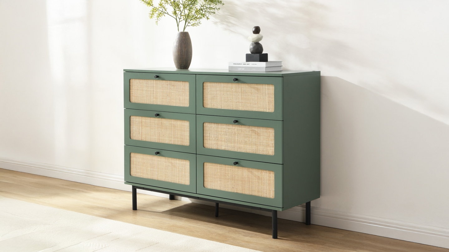 Commode en cannage 6 tiroirs verte 120cm - Luma