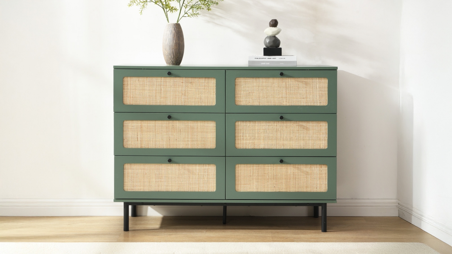 Commode en cannage 6 tiroirs verte 120cm - Luma