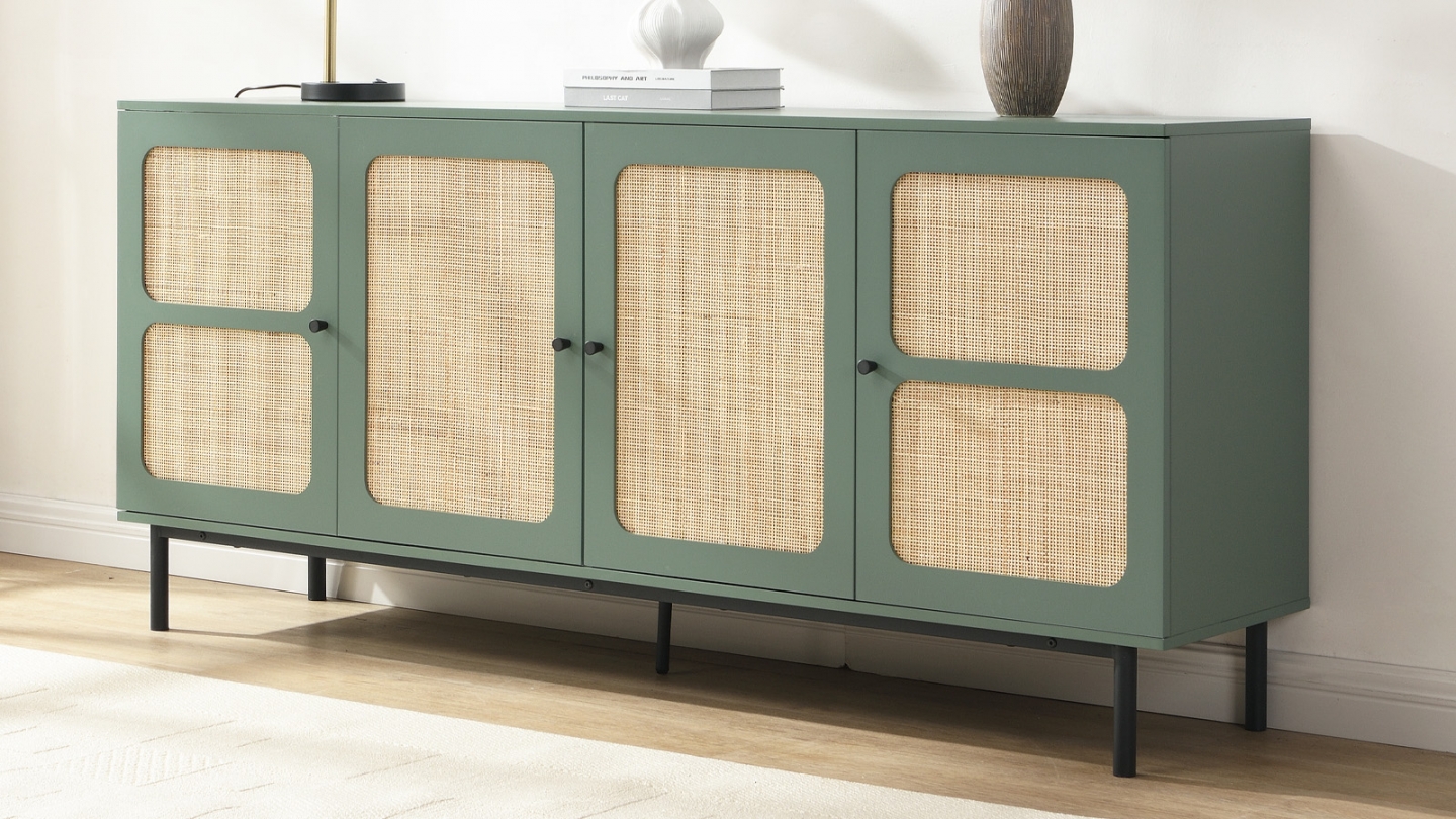 Buffet en cannage 4 portes 180cm vert - Luma