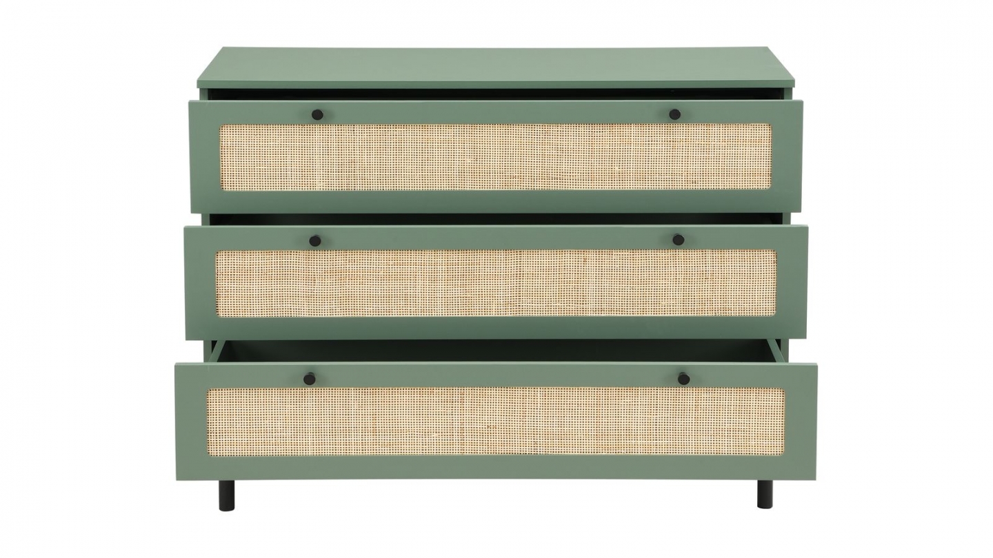 Commode en cannage 3 tiroirs verte 105cm - Luma