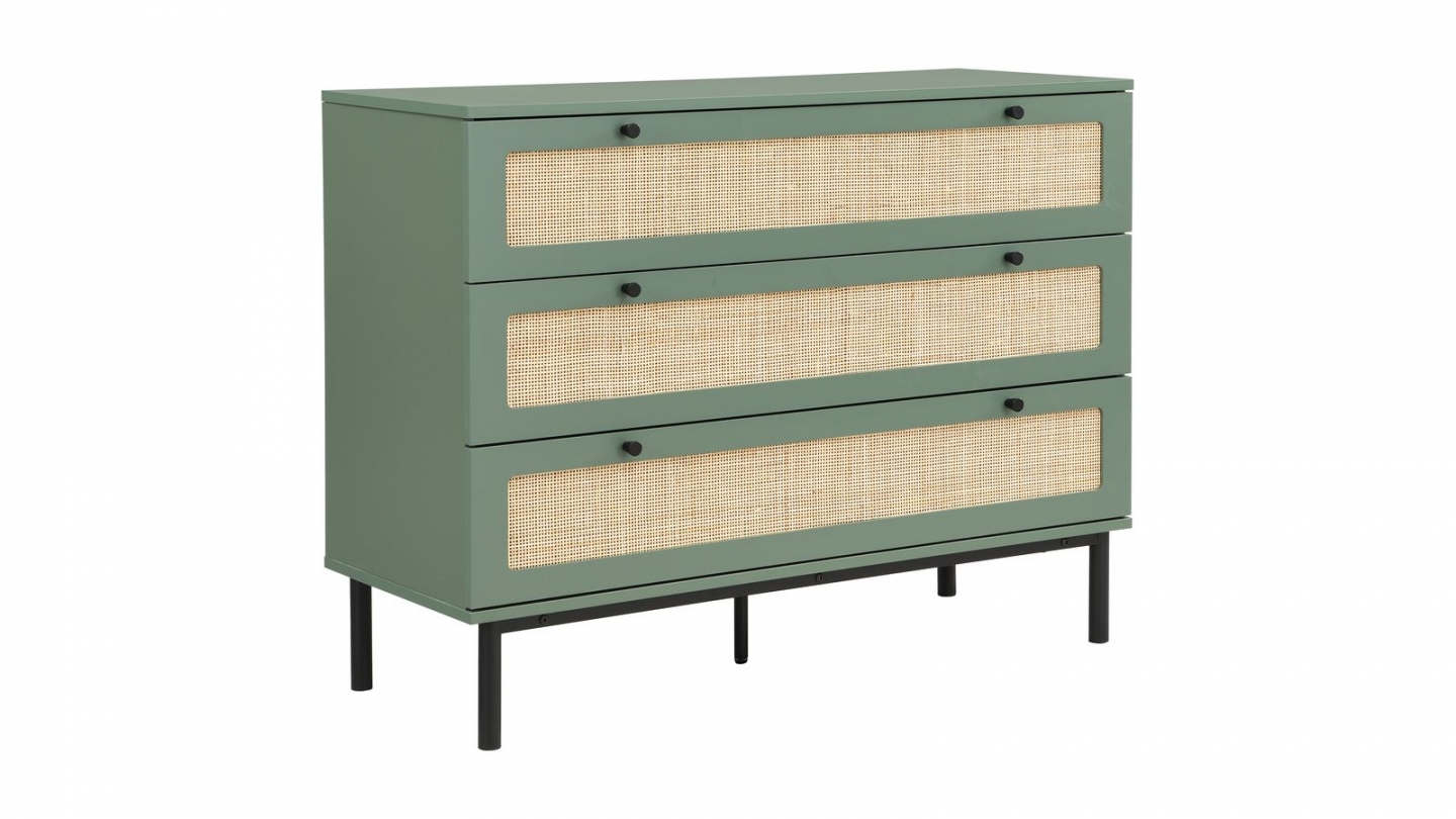 Commode en cannage 3 tiroirs verte 105cm - Luma