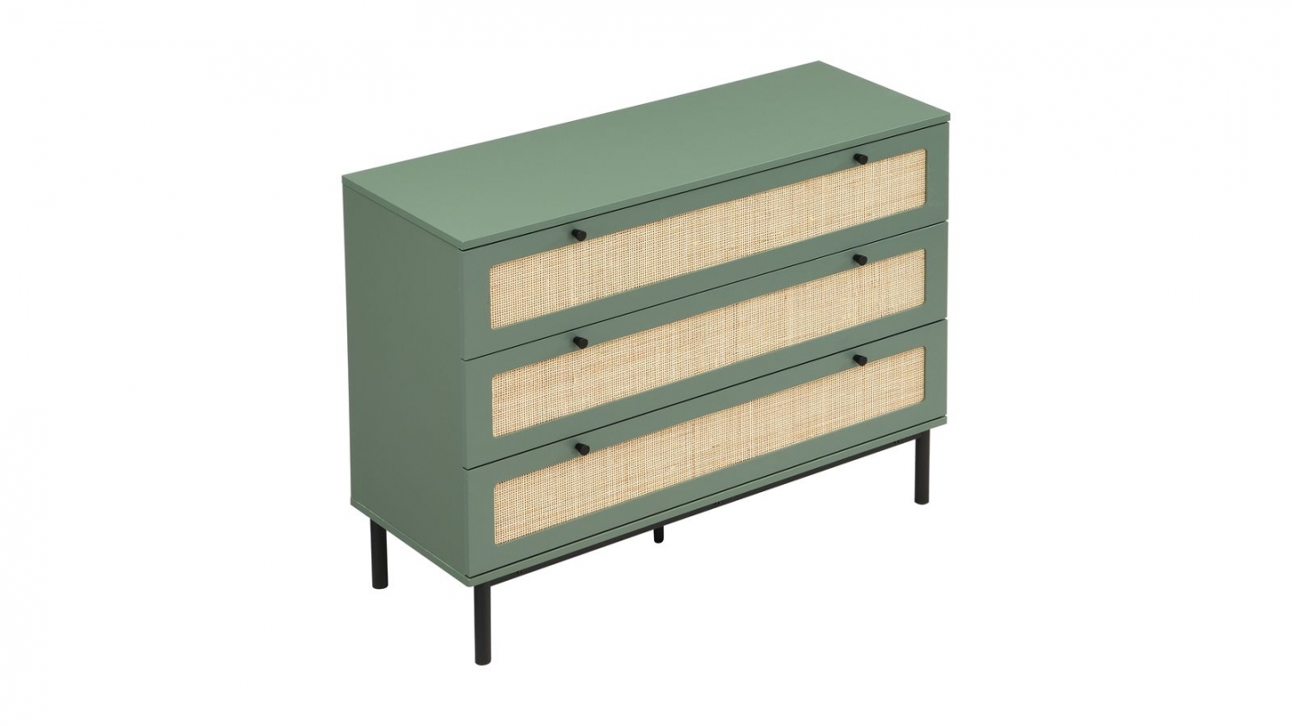Commode en cannage 3 tiroirs verte 105cm - Luma