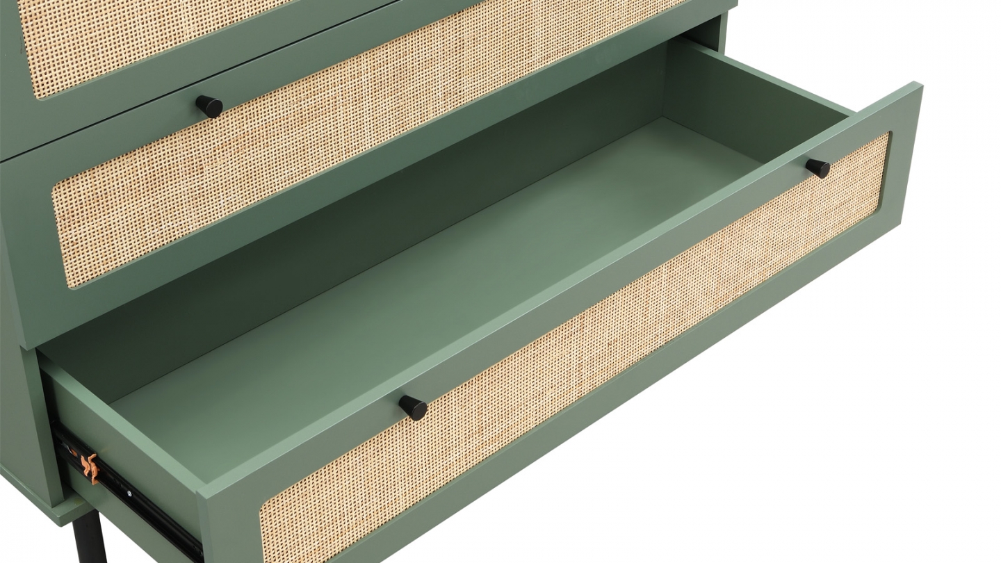 Commode en cannage 3 tiroirs verte 105cm - Luma