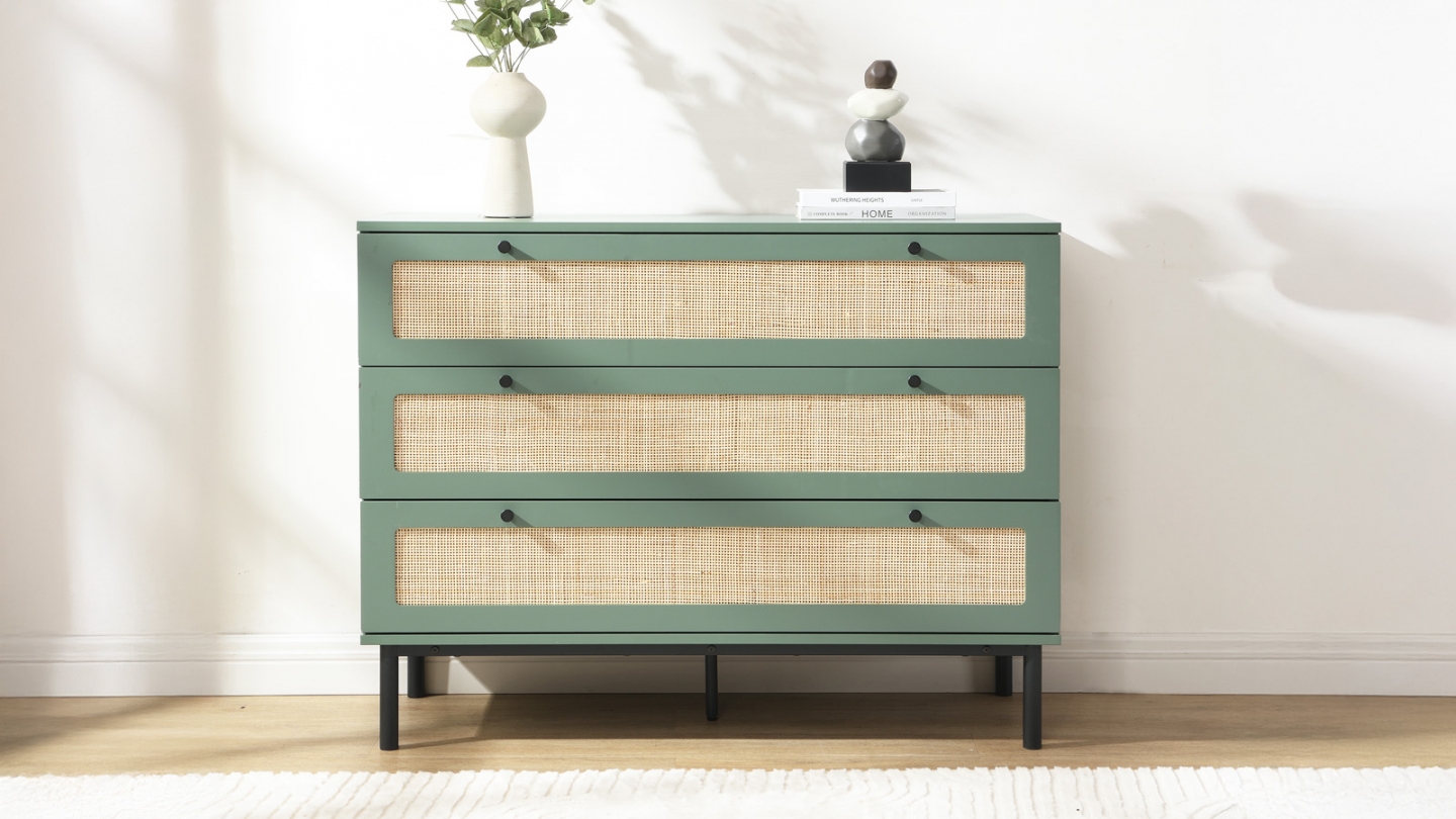 Commode en cannage 3 tiroirs verte 105cm - Luma