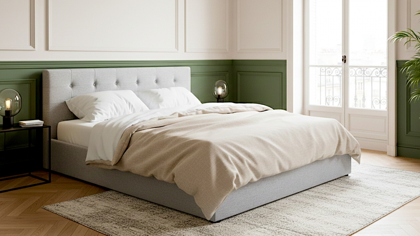 Lit coffre adulte 180x200 cm avec tête de lit capitonnée en tissu gris et sommier - Tina Lit coffre adulte 180x200 cm avec tête de lit capitonnée en tissu gris et sommier - Tina