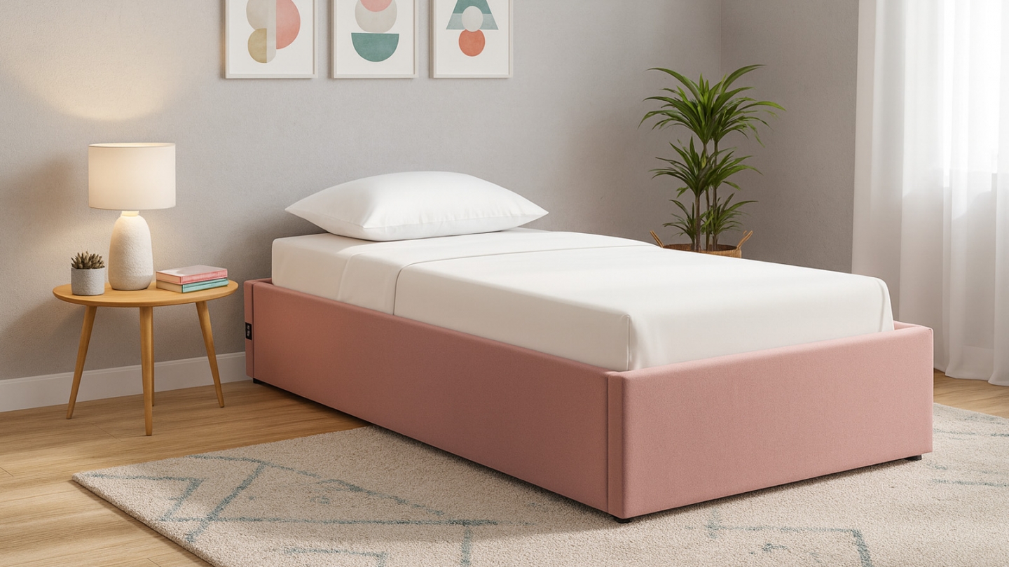Lit coffre adulte 90x190 cm en velours rose avec sommier - Handy
