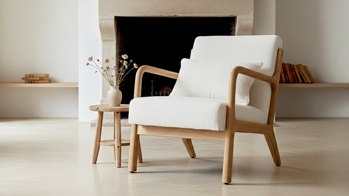 Fauteuil en bois et tissu bouclé écru - Lanna Fauteuil en bois et tissu bouclé écru - Lanna