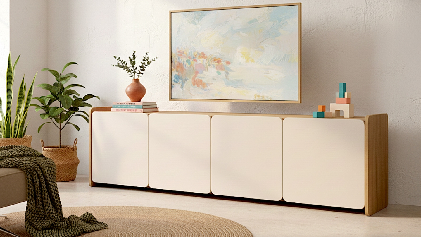 Meuble TV 4 portes beige et décor chêne 180 cm - Sami Meuble TV 4 portes beige et décor chêne 180 cm - Sami