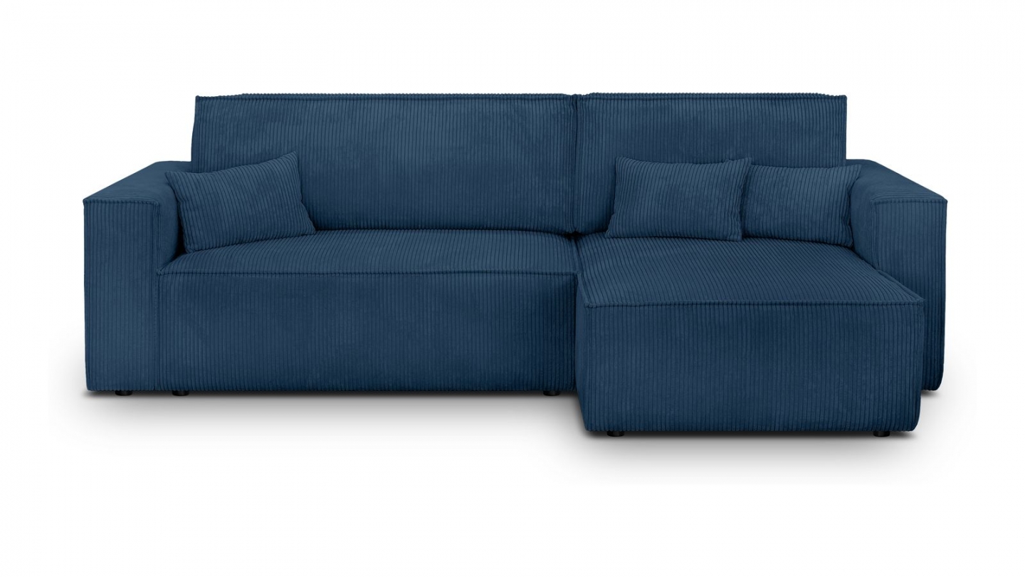 Canapé d'angle convertible réversible 4 places avec coffre de rangement en velours côtelé bleu - Livia Canapé d'angle convertible réversible 4 places avec coffre de rangement en velours côtelé bleu - Livia