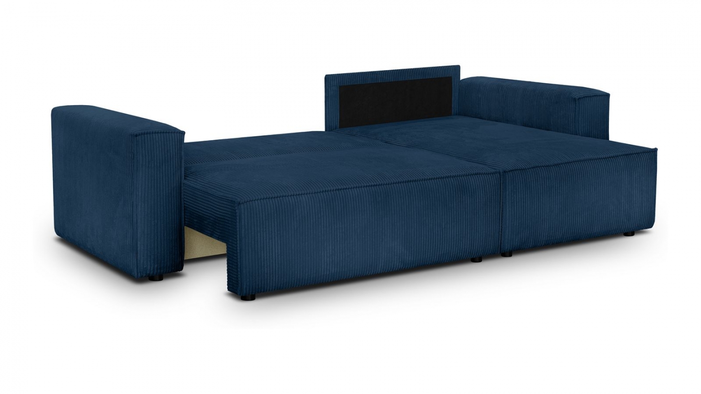 Canapé d'angle convertible réversible 4 places avec coffre de rangement en velours côtelé bleu - Livia Canapé d'angle convertible réversible 4 places avec coffre de rangement en velours côtelé bleu - Livia