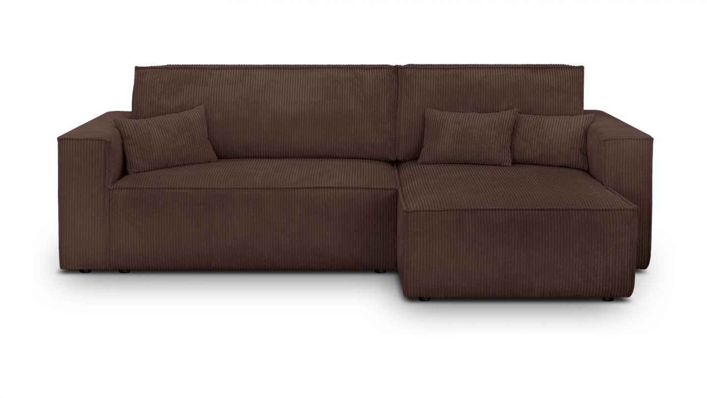 Canapé d'angle convertible réversible 4 places avec coffre de rangement en velours côtelé moka - Livia Canapé d'angle convertible réversible 4 places avec coffre de rangement en velours côtelé moka - Livia