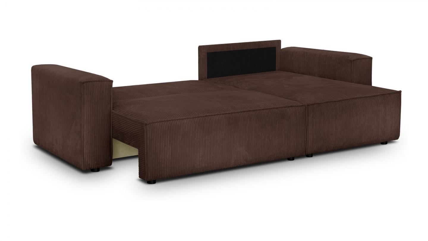 Canapé d'angle convertible réversible 4 places avec coffre de rangement en velours côtelé moka - Livia Canapé d'angle convertible réversible 4 places avec coffre de rangement en velours côtelé moka - Livia