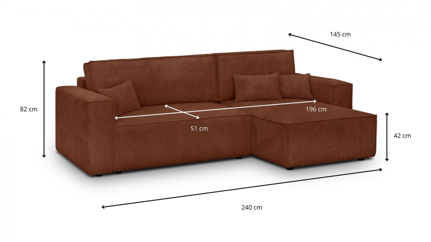Canapé d'angle convertible réversible 4 places avec coffre de rangement en velours côtelé rouille - Livia Canapé d'angle convertible réversible 4 places avec coffre de rangement en velours côtelé rouille - Livia