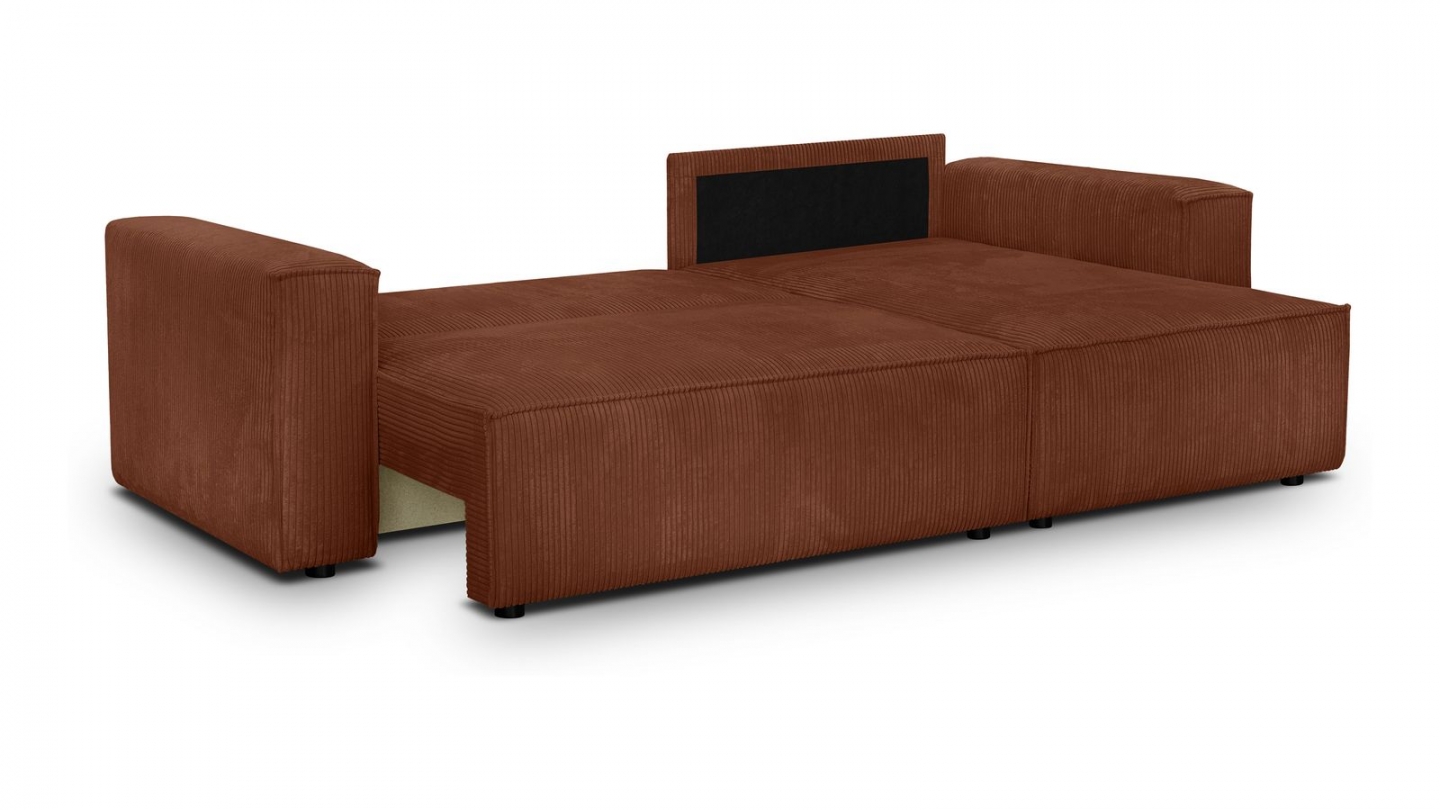 Canapé d'angle convertible réversible 4 places avec coffre de rangement en velours côtelé rouille - Livia Canapé d'angle convertible réversible 4 places avec coffre de rangement en velours côtelé rouille - Livia