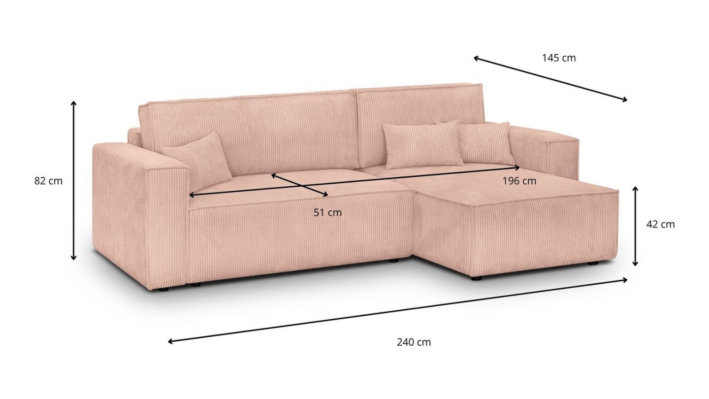 Canapé d'angle convertible réversible 4 places avec coffre de rangement en velours côtelé rose pâle - Livia Canapé d'angle convertible réversible 4 places avec coffre de rangement en velours côtelé rose pâle - Livia