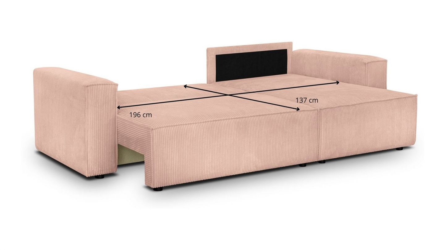 Canapé d'angle convertible réversible 4 places avec coffre de rangement en velours côtelé rose pâle - Livia Canapé d'angle convertible réversible 4 places avec coffre de rangement en velours côtelé rose pâle - Livia