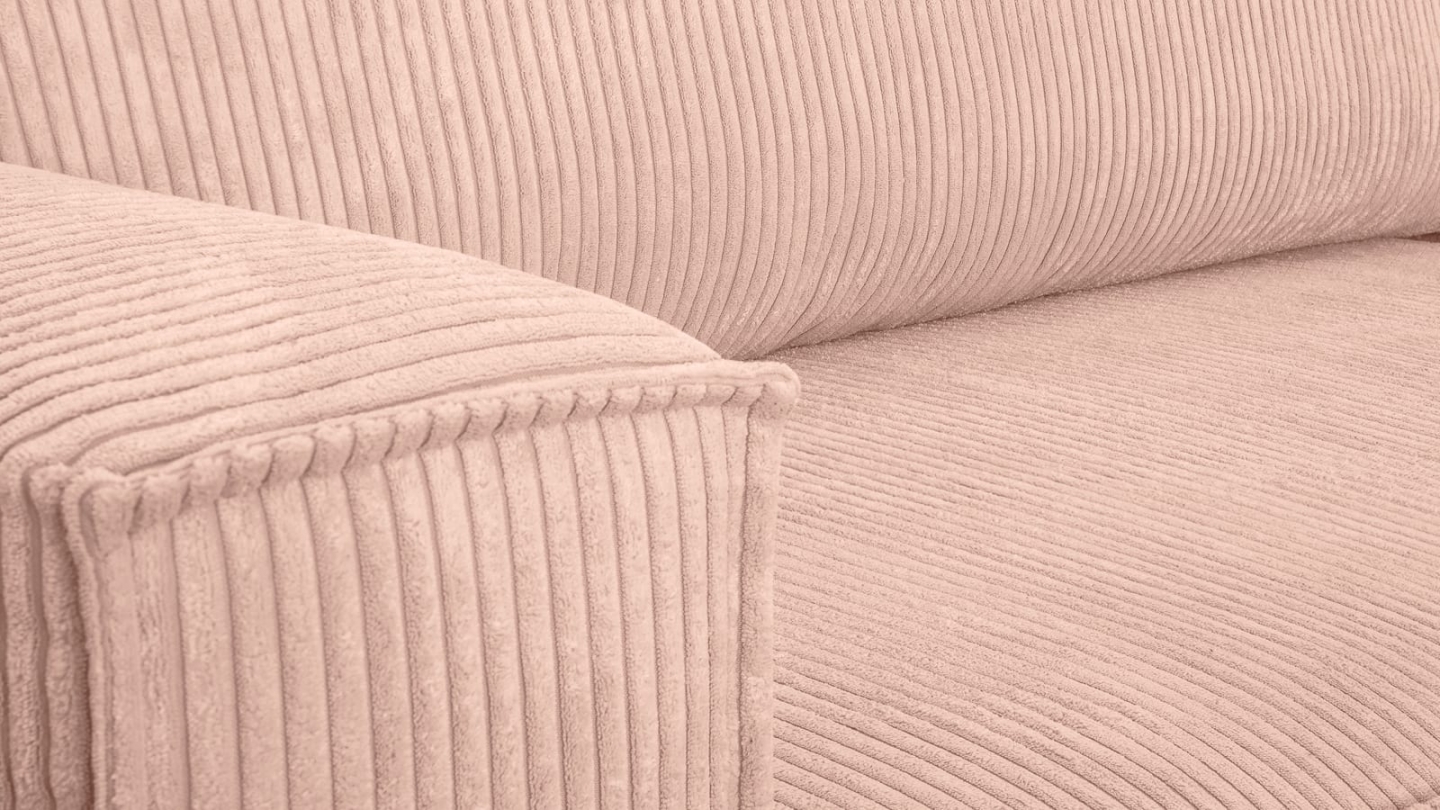 Canapé d'angle convertible réversible 4 places avec coffre de rangement en velours côtelé rose pâle - Livia Canapé d'angle convertible réversible 4 places avec coffre de rangement en velours côtelé rose pâle - Livia