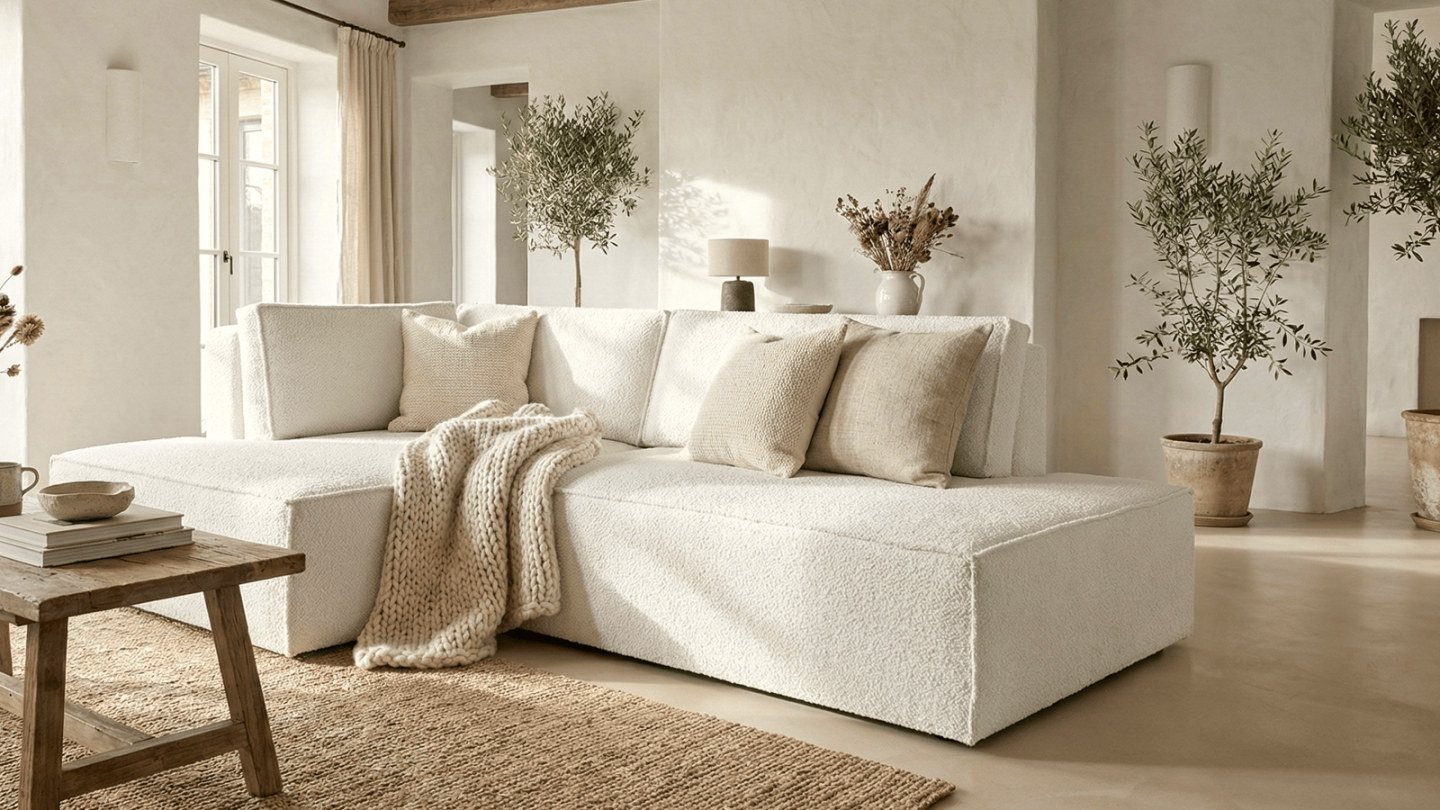 Canapé d'angle à gauche convertible 3 places avec coffre de rangement en tissu bouclé écru - Barani Canapé d'angle à gauche convertible 3 places avec coffre de rangement en tissu bouclé écru - Barani