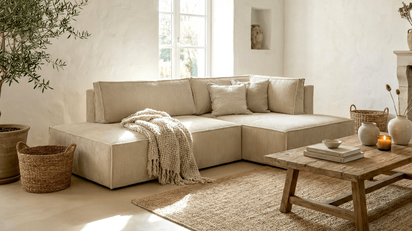 Canapé d'angle à droite convertible 3 places avec coffre de rangement en velours côtelé beige - Barani Canapé d'angle à droite convertible 3 places avec coffre de rangement en velours côtelé beige - Barani