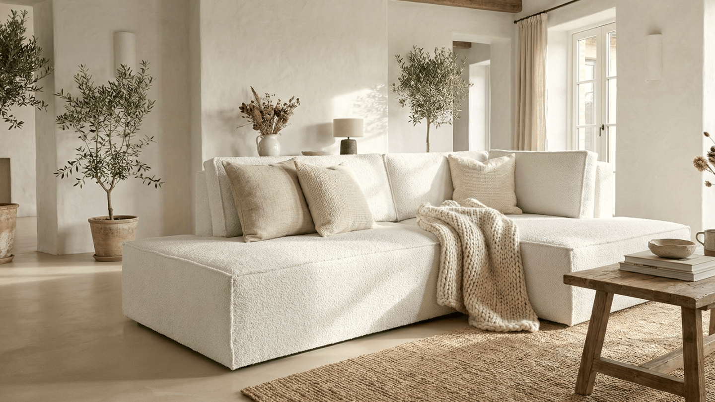 Canapé d'angle à droite convertible 3 places avec coffre de rangement en tissu bouclé écru - Barani Canapé d'angle à droite convertible 3 places avec coffre de rangement en tissu bouclé écru - Barani