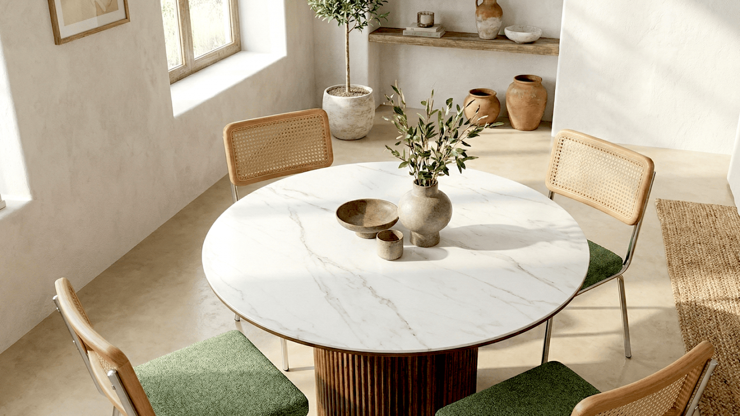 Table à manger ronde plateau en céramique effet marbre et piètement effet noyer 5 à 6 pers. 120 cm - Mira Table à manger ronde plateau en céramique effet marbre et piètement effet noyer 5 à 6 pers. 120 cm - Mira