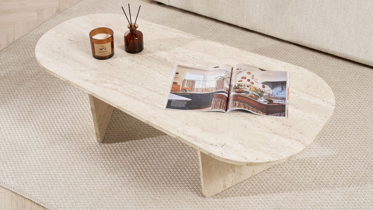 Table basse organique effet travertin 130 cm - Ceane Table basse organique effet travertin 130 cm - Ceane