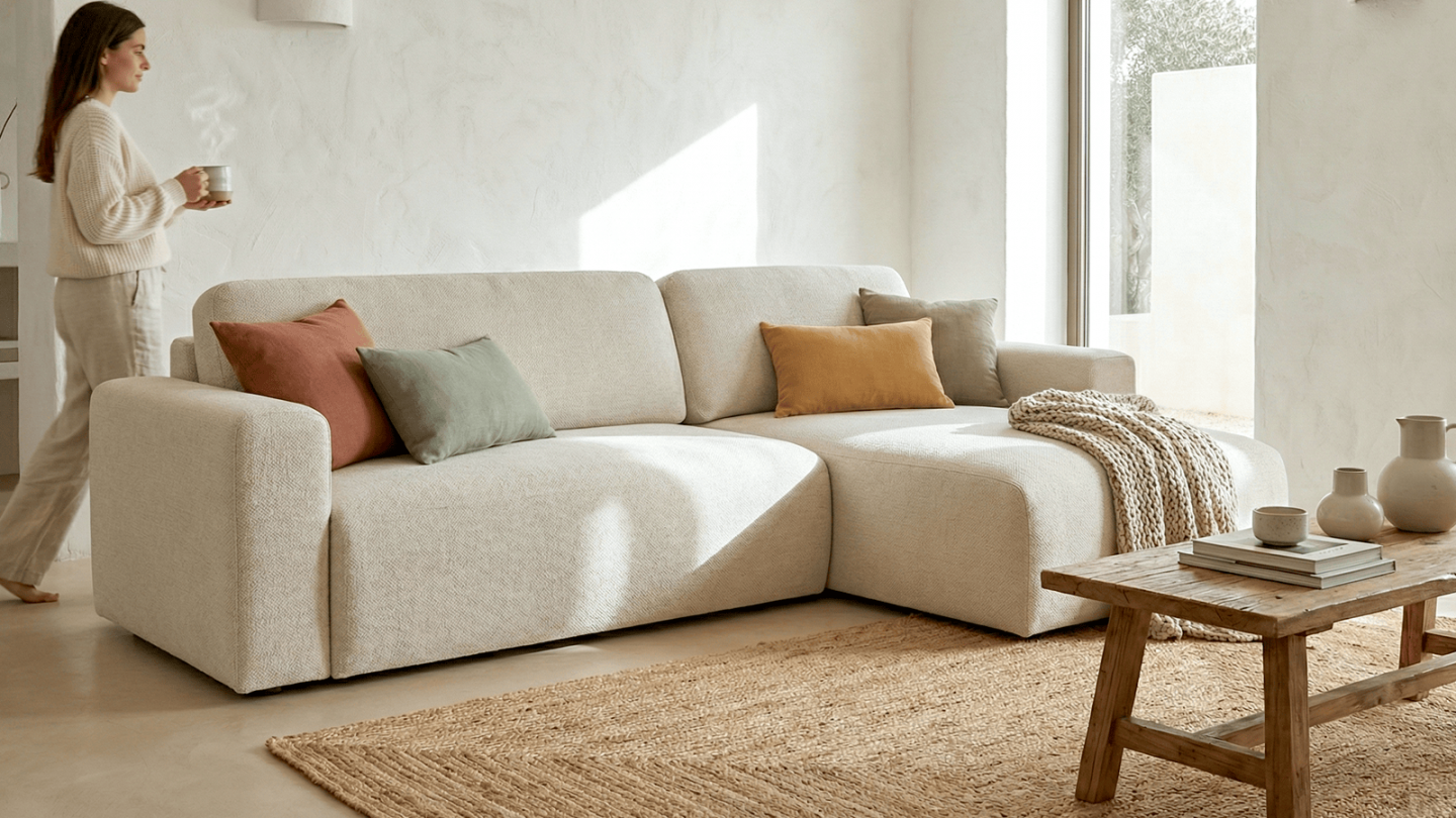 Canapé d'angle réversible convertible 4 places avec coffre de rangement en tissu écru - Davis Canapé d'angle réversible convertible 4 places avec coffre de rangement en tissu écru - Davis