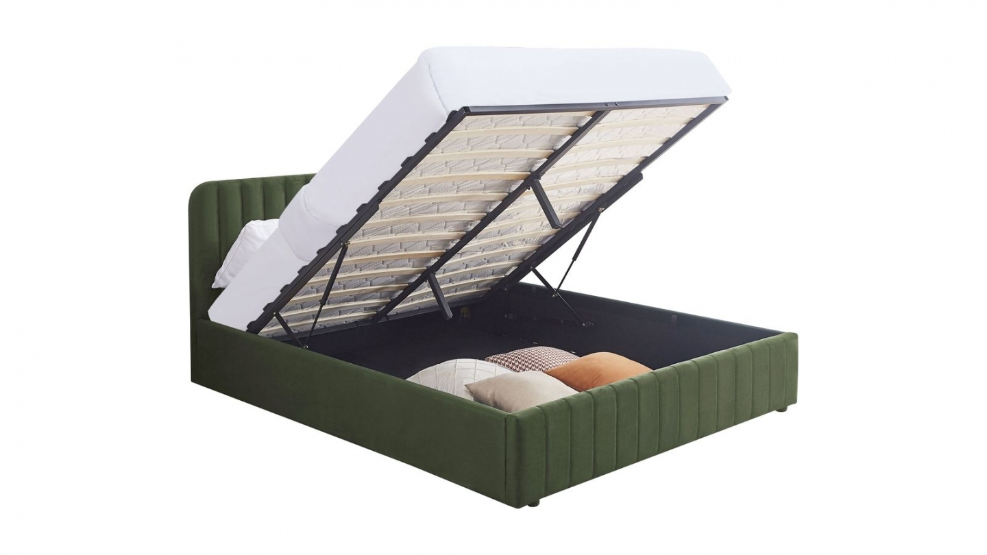 Ensemble Lit coffre adulte 140x190cm avec tête de lit en velours vert kaki - Ava + Matelas mémoire de forme - Memo HR Ensemble Lit coffre adulte 140x190cm avec tête de lit en velours vert kaki - Ava + Matelas mémoire de forme - Memo HR
