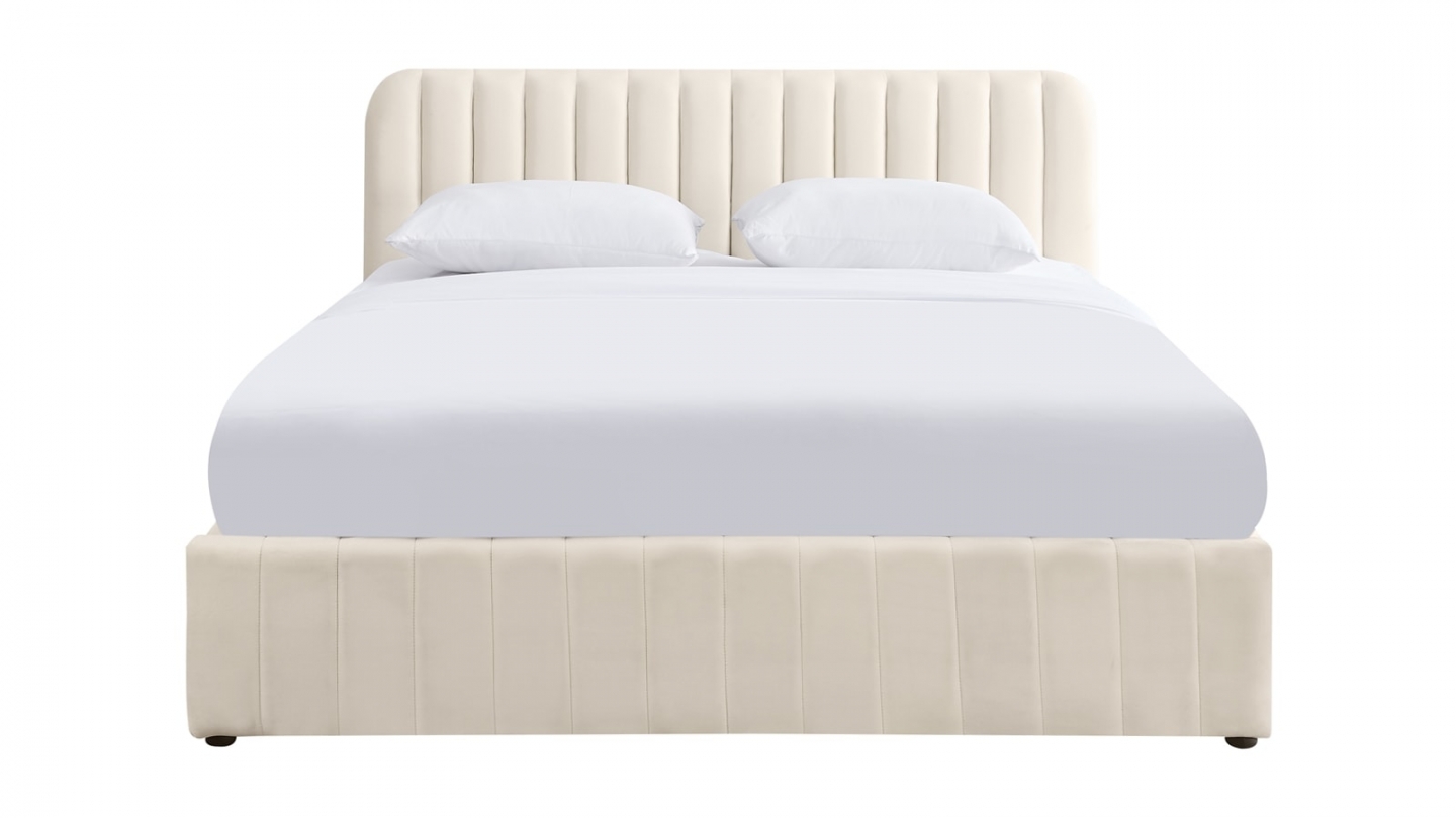 Ensemble Lit coffre adulte 140x190cm avec tête de lit en velours beige - Ava + Matelas mémoire de forme - Dual Confort Ensemble Lit coffre adulte 140x190cm avec tête de lit en velours beige - Ava + Matelas mémoire de forme - Dual Confort