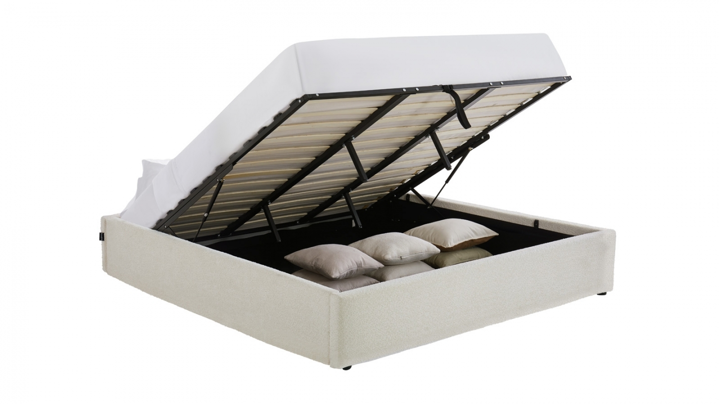 Ensemble Lit coffre adulte 180x200cm en tissu bouclé beige avec sommier - Handy + Matelas mémoire de forme - Dual Confort Ensemble Lit coffre adulte 180x200cm en tissu bouclé beige avec sommier - Handy + Matelas mémoire de forme - Dual Confort