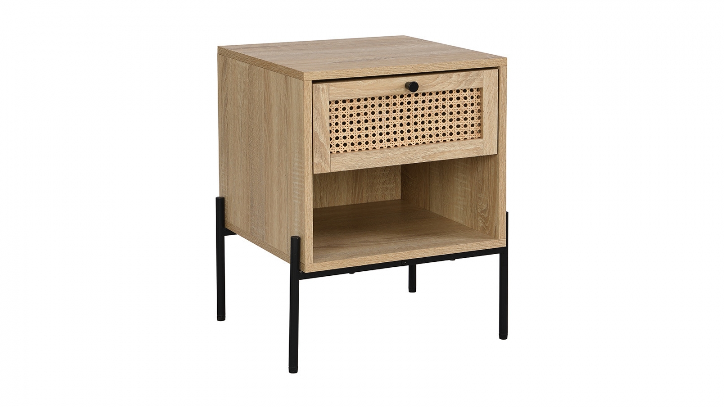 Ensemble Lit adulte 180x200 cm en bois avec tête de lit en bois massif et cannage Leonie + lot de 2 chevets Iris Ensemble Lit adulte 180x200 cm en bois avec tête de lit en bois massif et cannage Leonie + lot de 2 chevets Iris