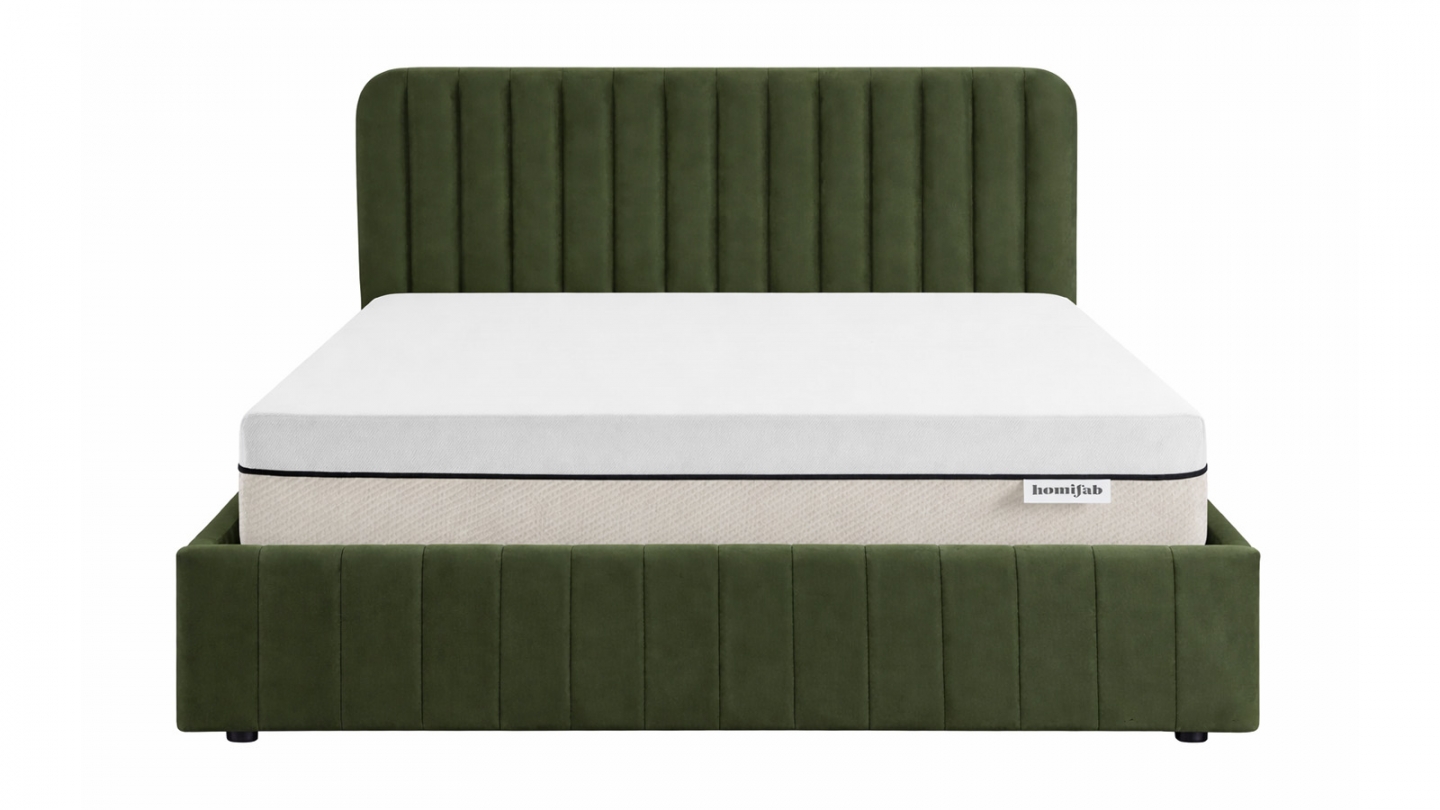 Ensemble Lit coffre adulte 140x190cm avec tête de lit en velours vert kaki - Ava + Matelas ressorts ensachés - Spring Elite Ensemble Lit coffre adulte 140x190cm avec tête de lit en velours vert kaki - Ava + Matelas ressorts ensachés - Spring Elite