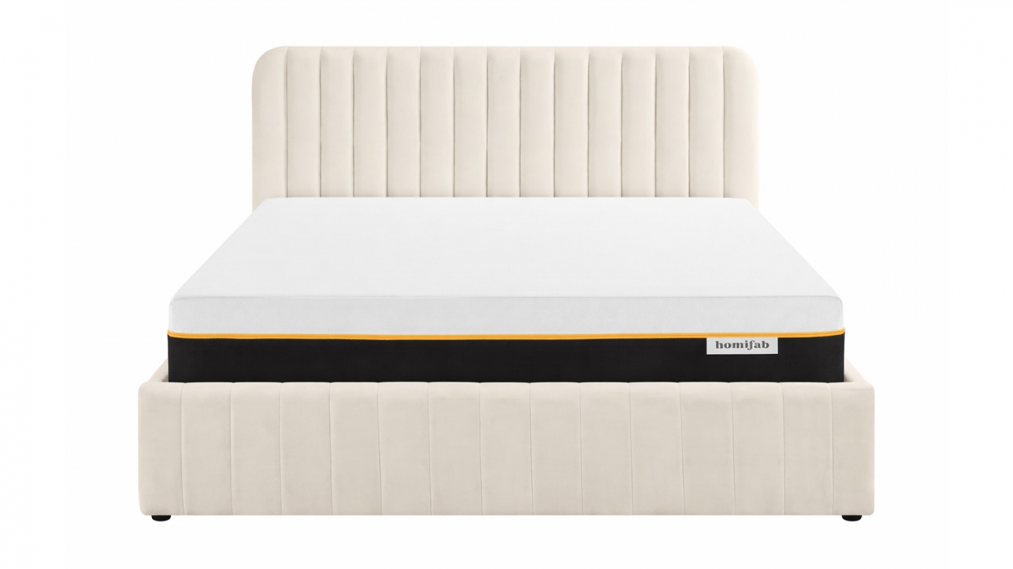 Ensemble Lit coffre adulte 140x190cm avec tête de lit en velours beige - Ava + Matelas mémoire de forme - Dual Confort Ensemble Lit coffre adulte 140x190cm avec tête de lit en velours beige - Ava + Matelas mémoire de forme - Dual Confort