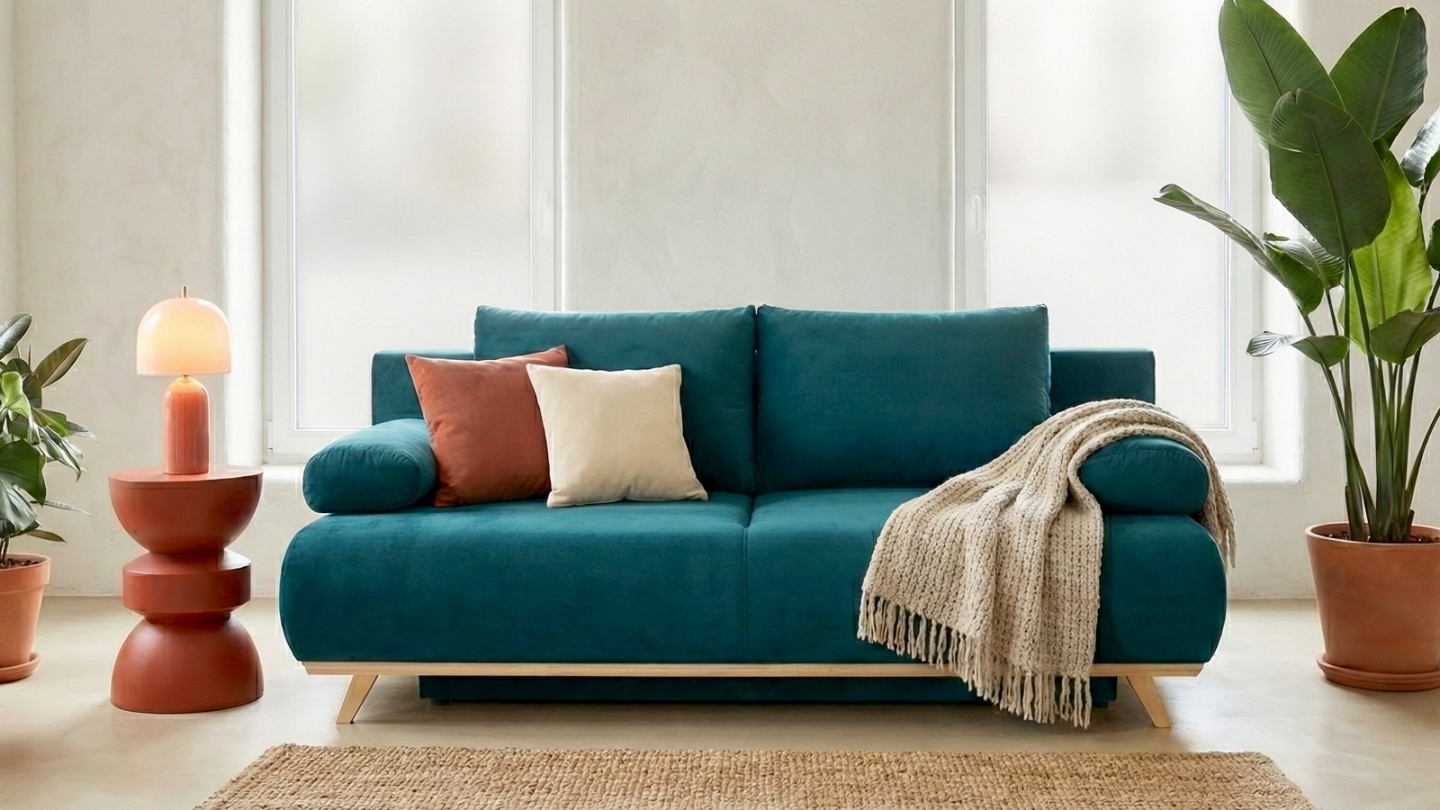 Canapé convertible 3 places avec coffre de rangement en velours bleu canard - Collection Laria Canapé convertible 3 places avec coffre de rangement en velours bleu canard - Collection Laria