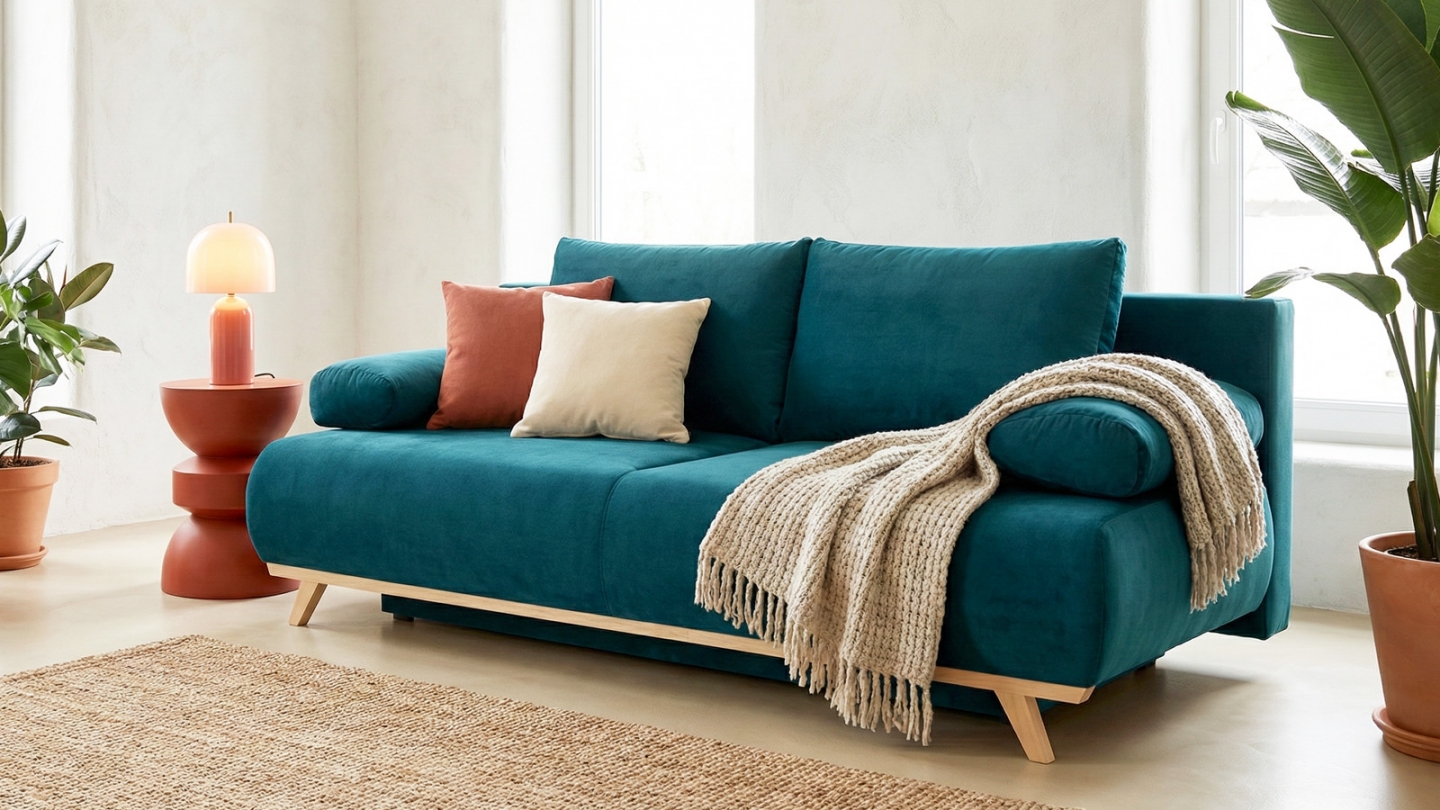 Canapé convertible 3 places avec coffre de rangement en velours bleu canard - Collection Laria Canapé convertible 3 places avec coffre de rangement en velours bleu canard - Collection Laria