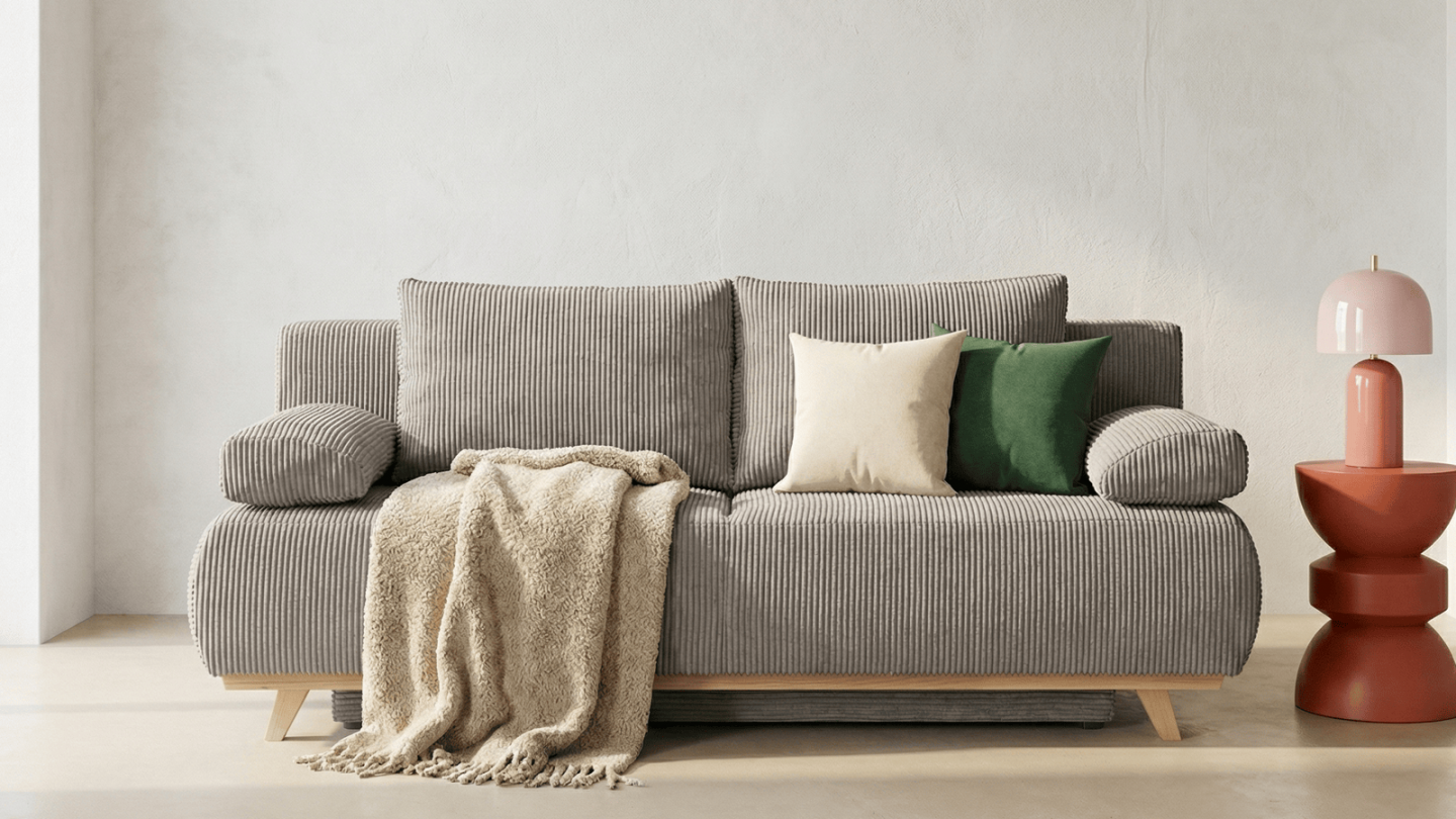 Canapé convertible 3 places avec coffre de rangement en velours côtelé taupe - Laria New Canapé convertible 3 places avec coffre de rangement en velours côtelé taupe - Laria New