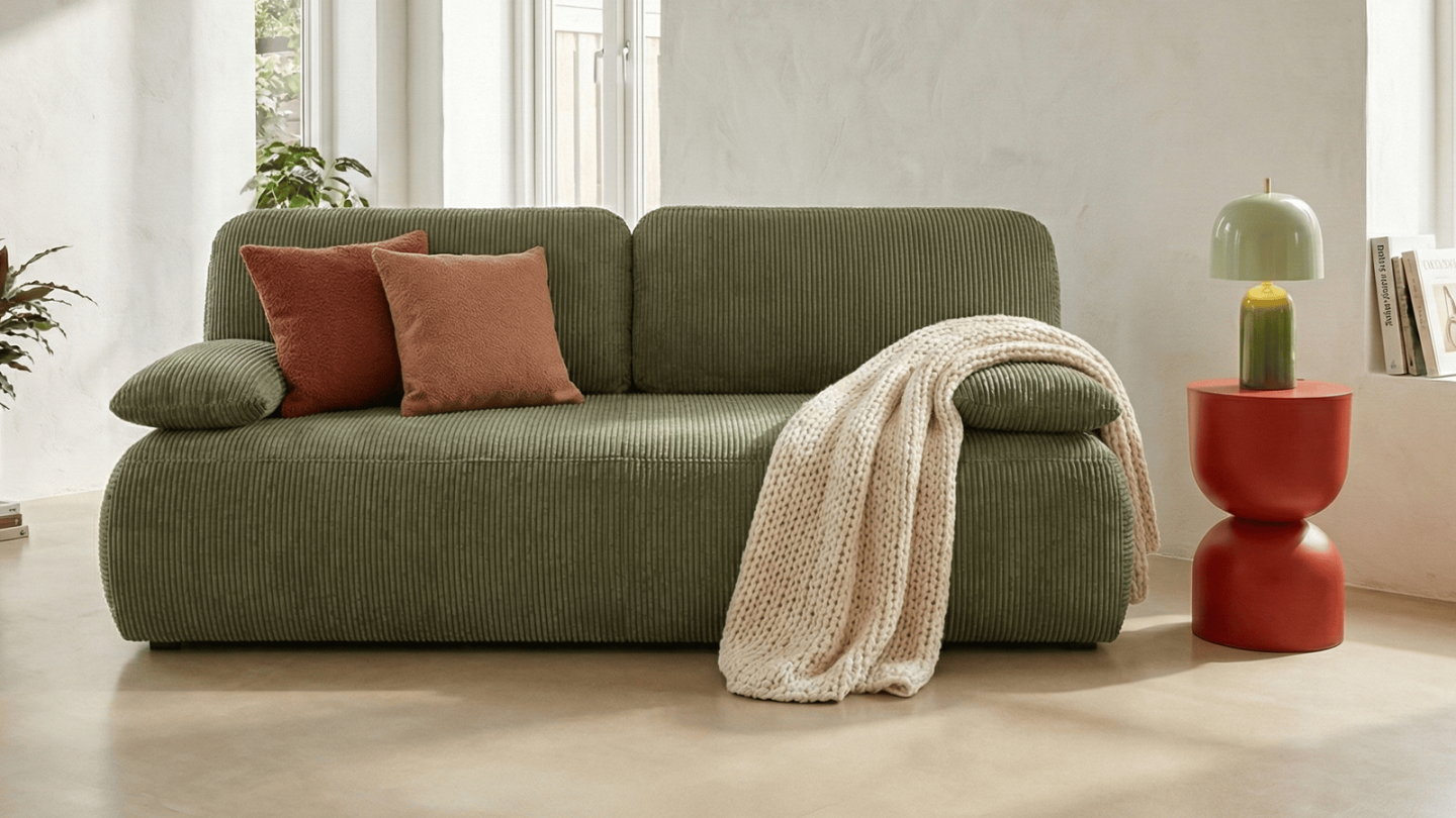 Canapé convertible 3 places avec coffre de rangement en velours côtelé vert kaki - Gemma Canapé convertible 3 places avec coffre de rangement en velours côtelé vert kaki - Gemma